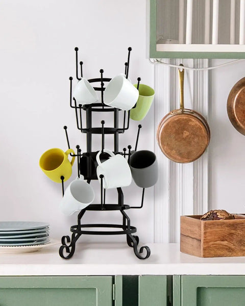 24-Hook Rustic Black Iron Coffee Mug Holder Mug Rack Cup Display Tree for mugs on kitchen countertop