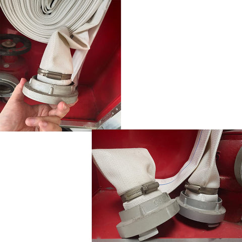 Beefy Adjustable 6 To 51 mm Hose Clamp securing a red fire hose, made of 304 stainless steel, durable and rust resistant