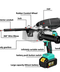 Kickass Cordless Fish Tape Wire Puller For Electricians With High Power Brushless Motor To Feed Wires Through Drywall No Sweat Needed By Tradesmen Wanting Serious Performance features detailed components like handle, battery, and 360° wire elbow.