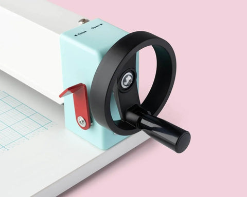 Close-up of Heavy Duty Guillotine Paper Cutter for 1 Inch Thick Stacks with precision alignment for crafting projects.