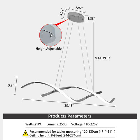 Diagram of dimmable black chandelier for dining room, adjustable pendant light fixture over table, 35.4 inch length, 21W, matte black finish.