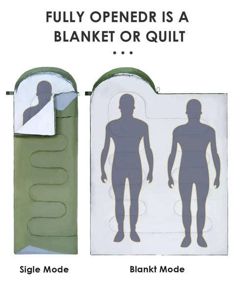 Ultra Lightweight Three Season Sleeping Bag For Adults Backpacking Waterproof Cold Weather Ready For Camping Hiking Outdoor Travel And Hunting showcasing single and blanket mode.