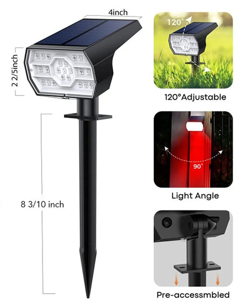 Outdoor Lit Solar Lights Waterproof 4 Pack Ultra Bright LED Landscape Uplights With 46 LEDs showing adjustable angles
