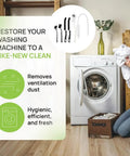 All In One Washing Machine And Dryer Vent Cleaning Kit With Long Handle Brushes shown in front of a washing machine with text details.