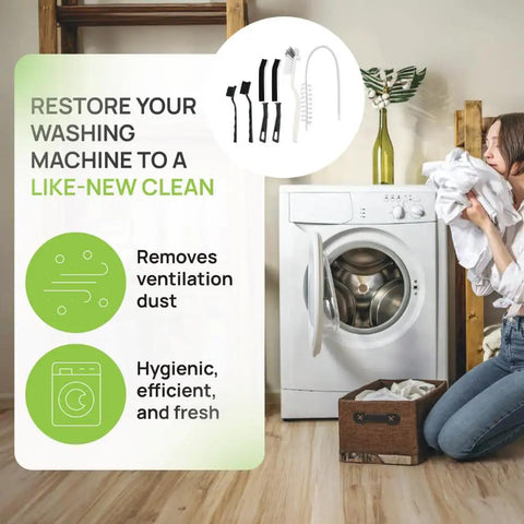 All In One Washing Machine And Dryer Vent Cleaning Kit With Long Handle Brushes shown in front of a washing machine with text details.
