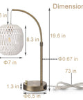 Dimensions of Tall Industrial Gold Rattan Bedside Table Lamp With USB Charge Port, woven white shade and gold base