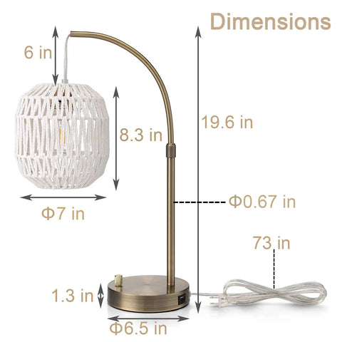 Dimensions of Tall Industrial Gold Rattan Bedside Table Lamp With USB Charge Port, woven white shade and gold base