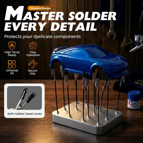 Magnetic Helping Hands Soldering Tool Kit with 12 magnetic alligator clips holding a blue model car on workbench