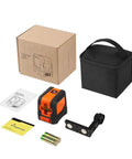 50 Feet Self Leveling Laser Level with box, mag mount, batteries, and carrying case, shown in complete setup for DIYers.