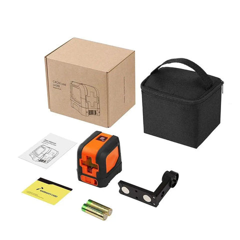 50 Feet Self Leveling Laser Level with box, mag mount, batteries, and carrying case, shown in complete setup for DIYers.