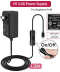 5V 3.6A Power Supply for Raspberry Pi 4B with a switch, USB Type-C connector, and 1.2m cable length.