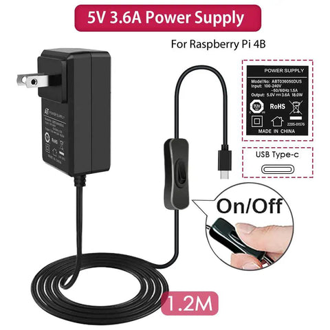 5V 3.6A Power Supply for Raspberry Pi 4B with a switch, USB Type-C connector, and 1.2m cable length.