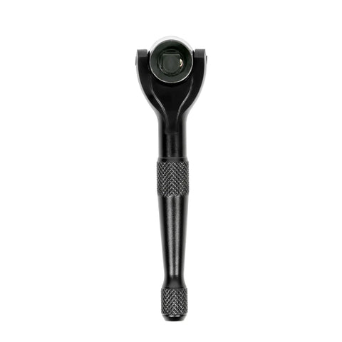 Black Quarter-Inch Drive Mini Ratchet With 90-Tooth Swivel Head, 250-Degree Range, Chrome Moly Steel Gears, Rust-Resistant Anodized Head, Knurled Grip, Compact Design For Tight Spaces And Quick, Smooth Turn front view