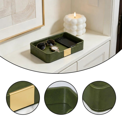 Green Luxury Leather Jewelry Tray Organizer For Desk And Nightstand Keeps Your Bling, Watch, Keys, Phone, And Wallet In Place