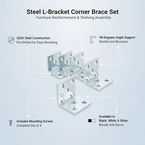 Heavy Duty 90 Degree L Bracket Set For Furniture Assembly And Shelf Support With Pre Drilled Holes And Screws Included