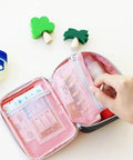 Open Pink Mini Outdoor First Aid Kit Bag For Travel And Everyday Use with visible mesh pockets and organizer compartments