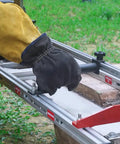 Worker using Aluminum Profile Upgrade For Chainsaw Mill 12 Inch Splice Extension To 48 Inch Boosts Cutting Size To 48 Inches on wood