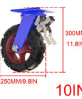 Heavy Duty Solid Rubber Wheel Caster Set Of 4, Swivel 10 Inch With Brakes, 250mm diameter, blue bracket, side view