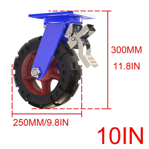 Heavy Duty Solid Rubber Wheel Caster Set Of 4, Swivel 10 Inch With Brakes, 250mm diameter, blue bracket, side view