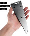 Hand holding Beefy Heavy Duty Gate Hinges Set 4 Inch Galvanized Iron Shed Door Hinges 4 Pack, smooth and lightweight design.