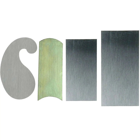 Heavy Duty Cabinet Scraper Cards Set Featuring Four Versatile Straight And Curved Blades For Slick Wood Smoothing And Ridiculously Sweet Finishes Without Sandpaper, showing four unique scraper blades.