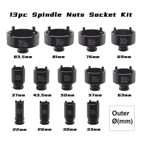 13 Piece Spindle Nut Socket Kit For Ball Joints And Axle Locknuts With 4 Teeth Exterior Half Inch Drive Includes 22mm 26mm 30mm