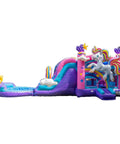 Side view of Unicorn Bounce House With Slide And Pool 34 By 12.5 By 13.5 Ft Ultra Tough 15oz PVC Vinyl for rental parties.