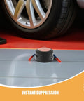 Slap This Auto Fire Suppressant Disc Straight Up On Dashboards Or Beneath Hood Panels Where Heat Spikes Triggers Instant Aerogel Burst To Snuff Blazes Quick Hardcore Aluminum Build For Rigs Boats And Trailers Hits Every Time You Expect placed beside a car wheel.