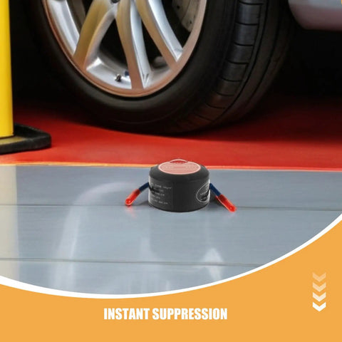 Slap This Auto Fire Suppressant Disc Straight Up On Dashboards Or Beneath Hood Panels Where Heat Spikes Triggers Instant Aerogel Burst To Snuff Blazes Quick Hardcore Aluminum Build For Rigs Boats And Trailers Hits Every Time You Expect placed beside a car wheel.