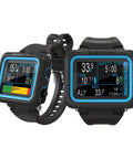 Peregrine Dive Computer with Two Button Interface, state-aware menu, 316 stainless steel buttons, black finish displayed with strap
