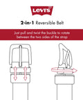 Illustrated guide showing buckle mechanism of Men's Reversible Casual Belt Two Looks In One Buckle Switches From Brown To Black X Large Durable Leather Strap.
