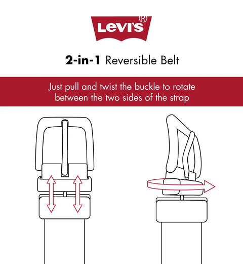 Illustrated guide showing buckle mechanism of Men's Reversible Casual Belt Two Looks In One Buckle Switches From Brown To Black X Large Durable Leather Strap.