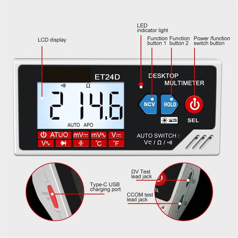 6000 Counts Digital Multimeter With Smart Desktop Design Auto Range Rechargeable Battery Ideal For PCB Circuit Testing