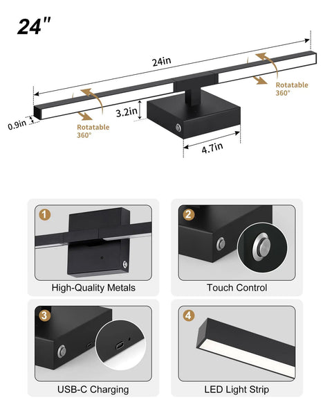 Cordless Black Rechargeable Wall Sconce With Remote 8000Mah Battery Operated Plug Free Lamp dimensions 24in with rotatable LED light strip.