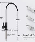 Matte Black Kitchen Faucet With 360 Degree Swivel Gooseneck, dimensions and connector sizes, crafted from lead-free steel.