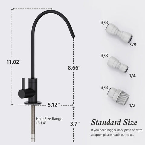 Matte Black Kitchen Faucet With 360 Degree Swivel Gooseneck, dimensions and connector sizes, crafted from lead-free steel.