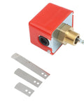 Heavy Duty Paddle Flow Switch Sensor For Water Quality Monitoring In Industrial Settings Built Tough With Rainproof ABS Housing And Precise Flow Detection To Keep Water Oil Flow Under Control. Red ABS paddle flow switch with brass fitting and spare metal paddles.