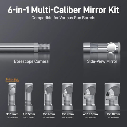 6-in-1 Multi-Caliber Mirror Kit with Borescope Camera and side-view mirrors for various gun barrels