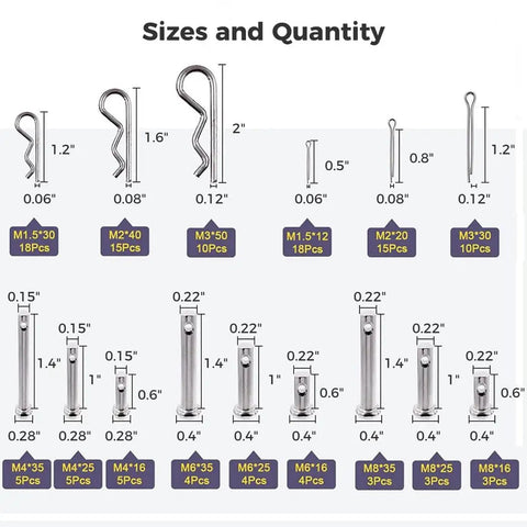 122 Piece Stainless Steel Clevis Pins And Cotter Clips Set With M6 M8 Clevis And M1.5 M2 M3 Clips DIY Ready All Purpose Fasteners Kit sizes