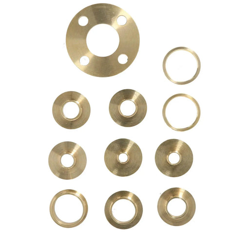 Built Tough Brass Router Template Guide Kit 11 Piece Bushing Set With Quick Lock Nut Adapter showing 11 brass bushings arranged.