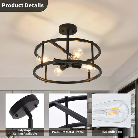 Black Semi Flush Mount Ceiling Light With Four Lights For Dining Room Kitchen And Bedroom Dope Vintage Farmhouse Industrial Close To Ceiling Chandelier For Sloped Ceilings Durable Metal Fixture, showing bulbs illuminating.
