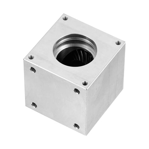 uxcell 90-degree bevel gearbox housing, aluminum block with central bore and four mounting holes