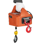 Cool 110V 1500W Portable Electric Hoist Winch Lifts Up To 1100lbs with hand holding orange body and hooks visible.
