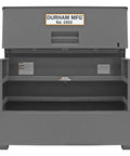 Heavy Duty All Welded Steel Job Site Cabinet For Secure Outdoor Storage With Forklift Ready Legs And Triple Padlock Security, open view with shelves.