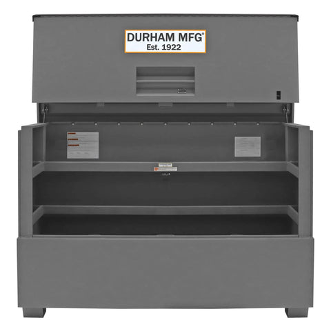 Heavy Duty All Welded Steel Job Site Cabinet For Secure Outdoor Storage With Forklift Ready Legs And Triple Padlock Security, open view with shelves.