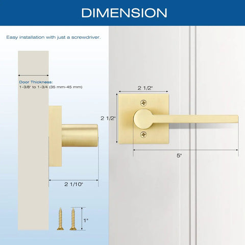 4 Pack Satin Brass Dummy Door Handle Set For Single Sided Doors, Non Turnable Pull Or Push Levers With Gold Interior Finish, Heavy Duty Interior Door Hardware For French, Closet And Pantry Doors. Dimension diagram, 5-inch lever