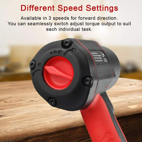 Close-up of Beast Of A Half-Inch Air Impact Wrench control dial showing three forward speed settings on a wooden surface.
