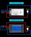 Digital LCD Ammeter Voltmeter Power Meter 6.5V To 100V 0-20A Range With Built-In Shunt, Front and Back View with Wiring