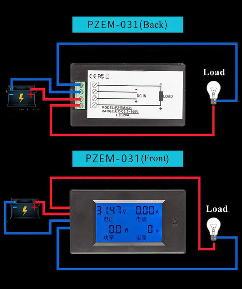 Digital LCD Ammeter Voltmeter Power Meter 6.5V To 100V 0-20A Range With Built-In Shunt, Front and Back View with Wiring