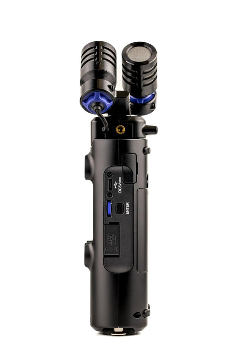 Side view of Handheld Studio Recorder For Musicians Podcasters And Filmmakers With Large Stereo Microphones Pro Quality Preamps